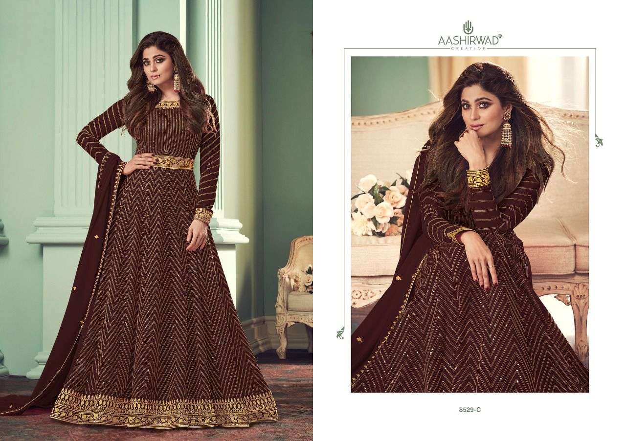 AASHIRWAD ALIZZA GOLD DESIGNER REAL GEORGETTE SUIT 