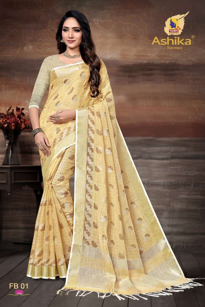 ashika foil beauty series 01-08 Cotton Linen with Foil print saree