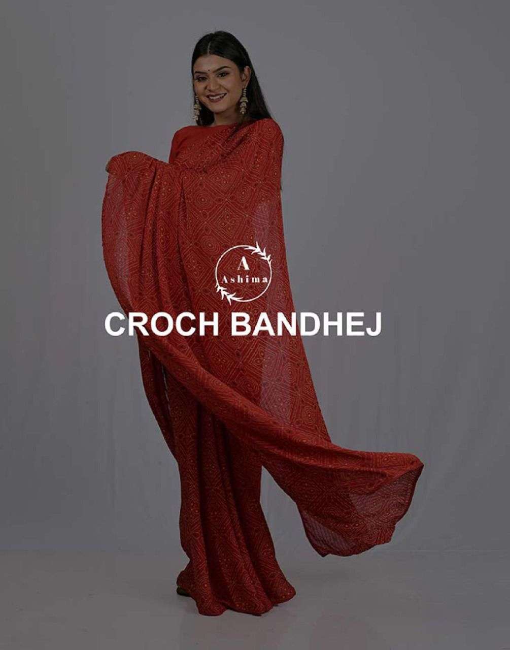 ashima crock bandhej series 401-408 Dull moss with work & stone piping saree