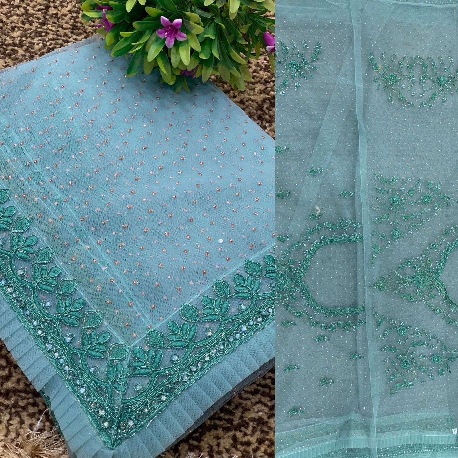 df misti mono nylon net saree with dori work 