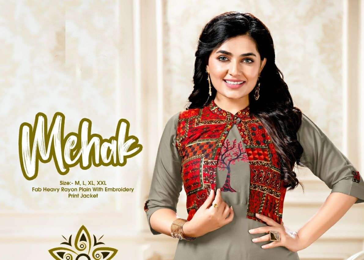 mehak series 101-108 heavy rayon plain kurti with embroidery print jacket