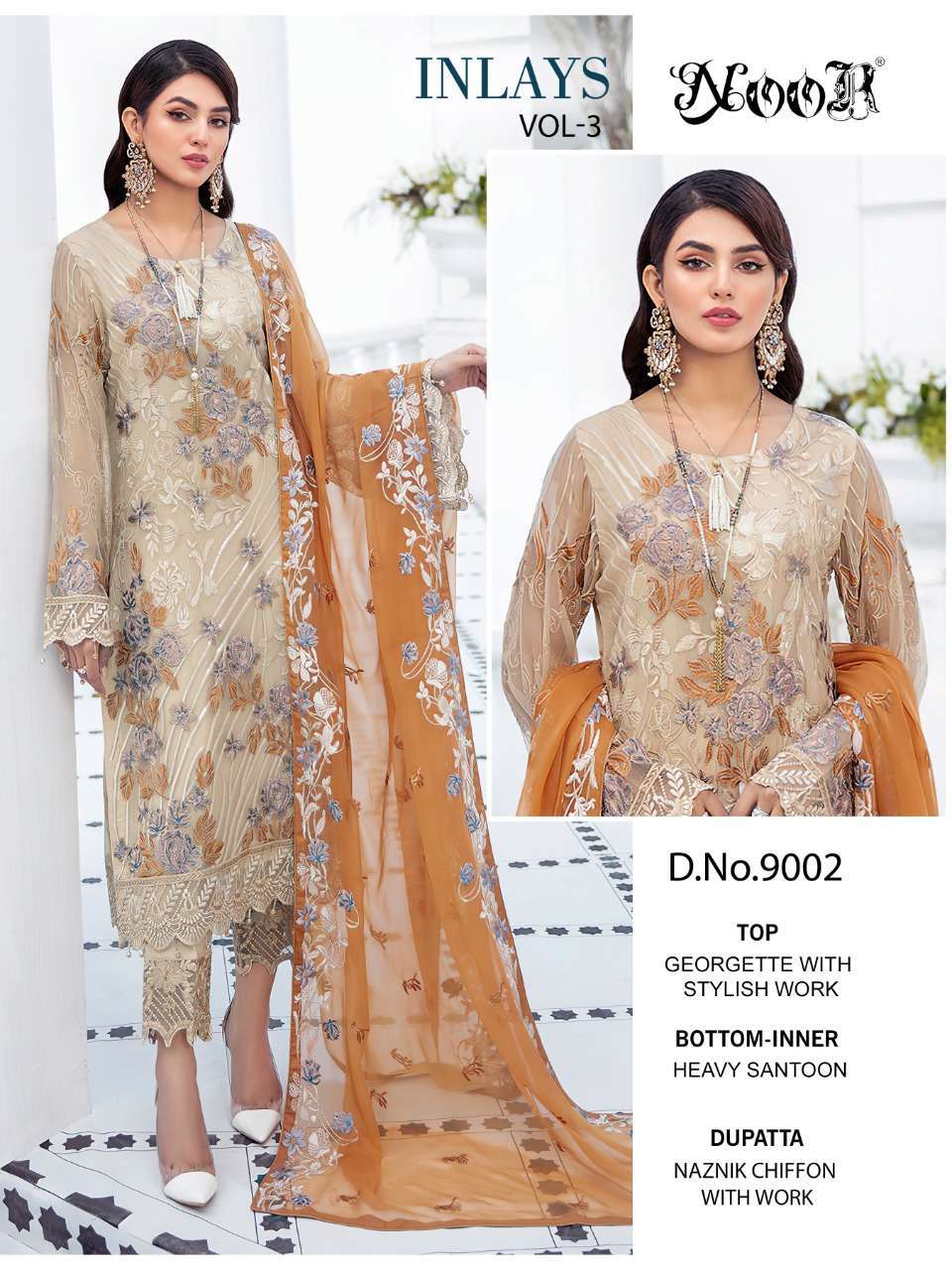 noor inlyas vol-3 series 9000-9002 georgette embroidery suit 