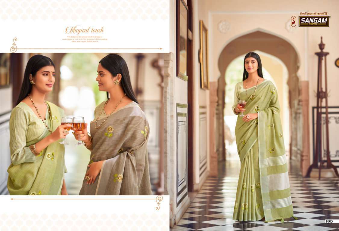 sangam prints nagma series 1001-1006 linen embroidered saree