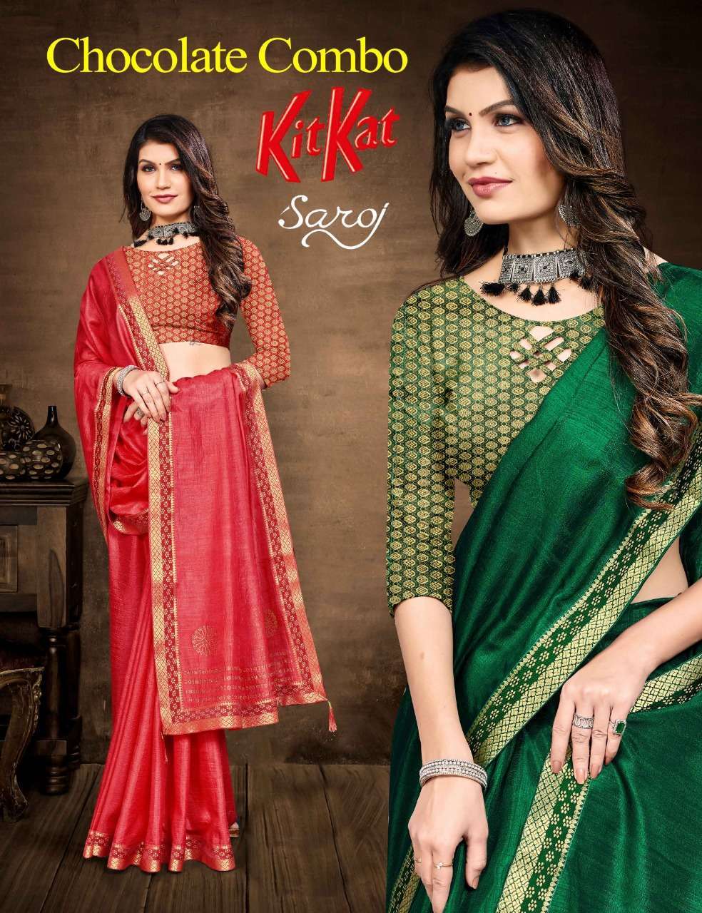 saroj kitkat series 3601-3608 Soft Vichitra Silk saree with Swarovski and Lace