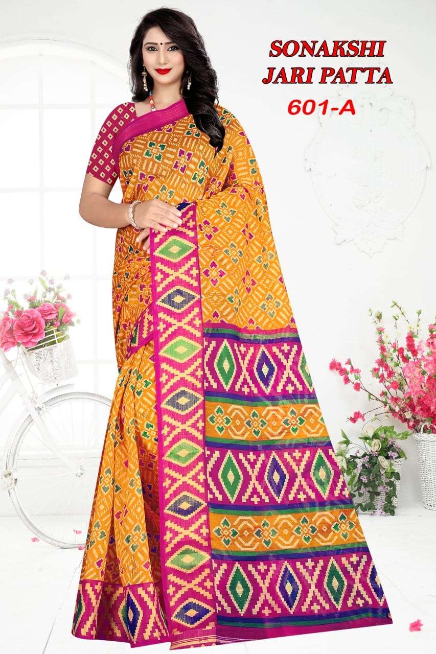 Sonakshi Jari Patta D.no 601 Cotton Printed With Jari Patta saree