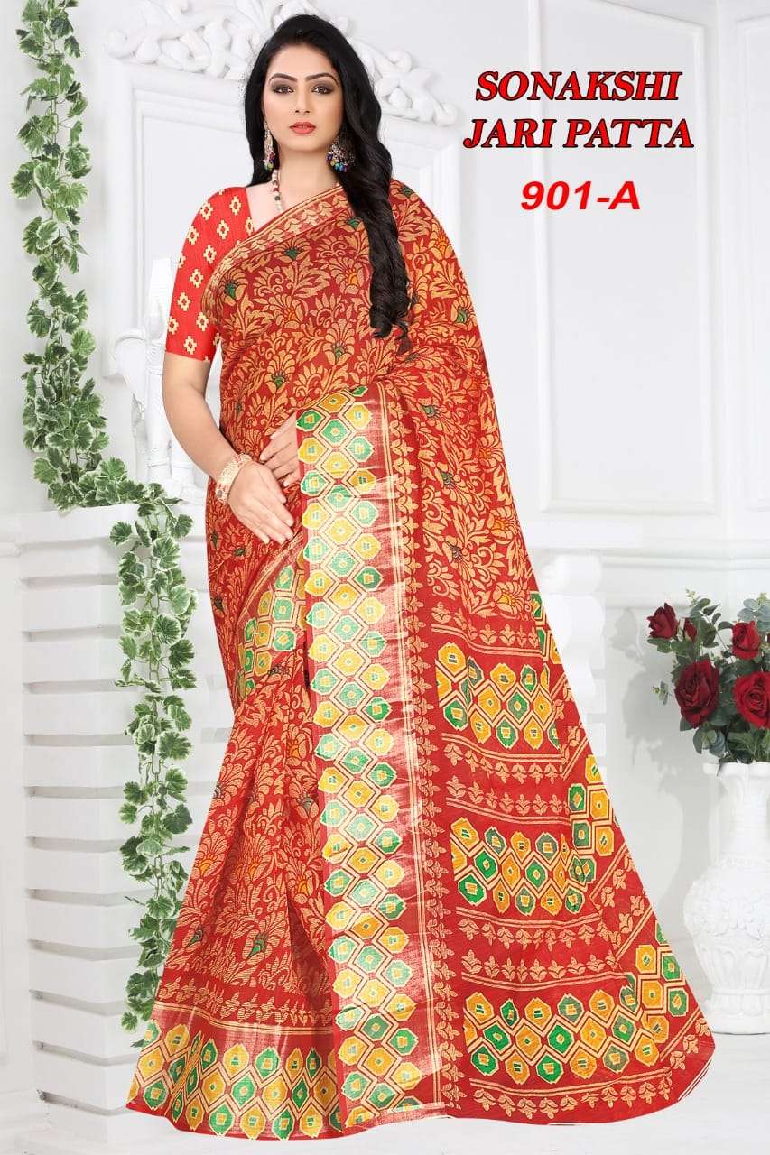 Sonakshi Jari Patta D.no 901 Cotton Printed With Jari Patta saree