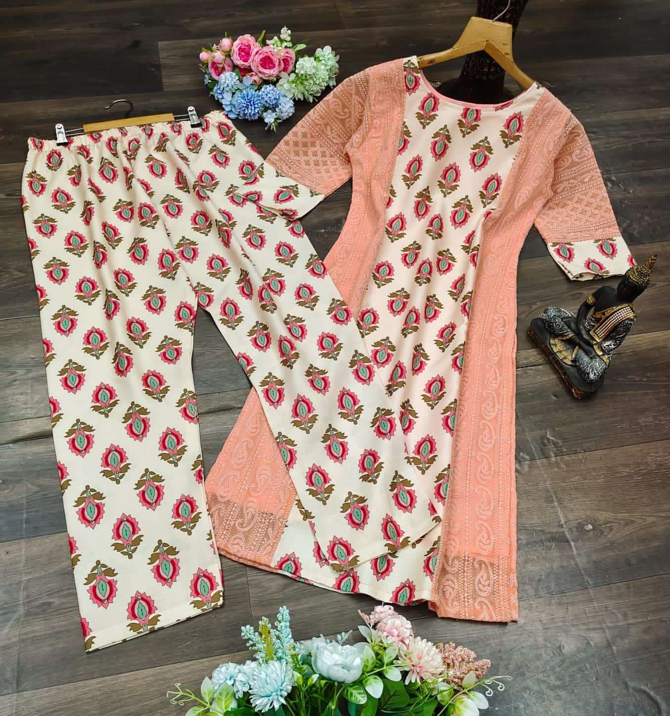 X-LADY 4 PEACH DESIGNER GEORGETTE KURTI AND PLAZO 