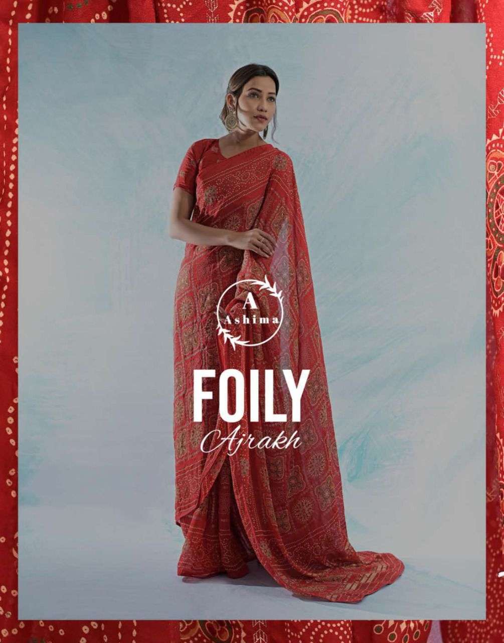 ashima foily ajrakh series 1301-1308 moss ajrakh print with foil & piping saree