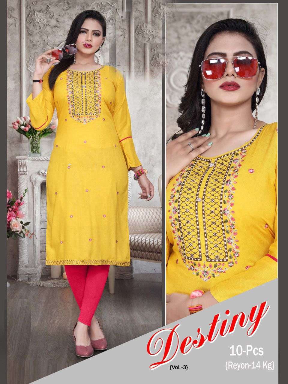 beauty queen destiny vol-3 series 01-10 Rayon Heavy Embroidered kurti