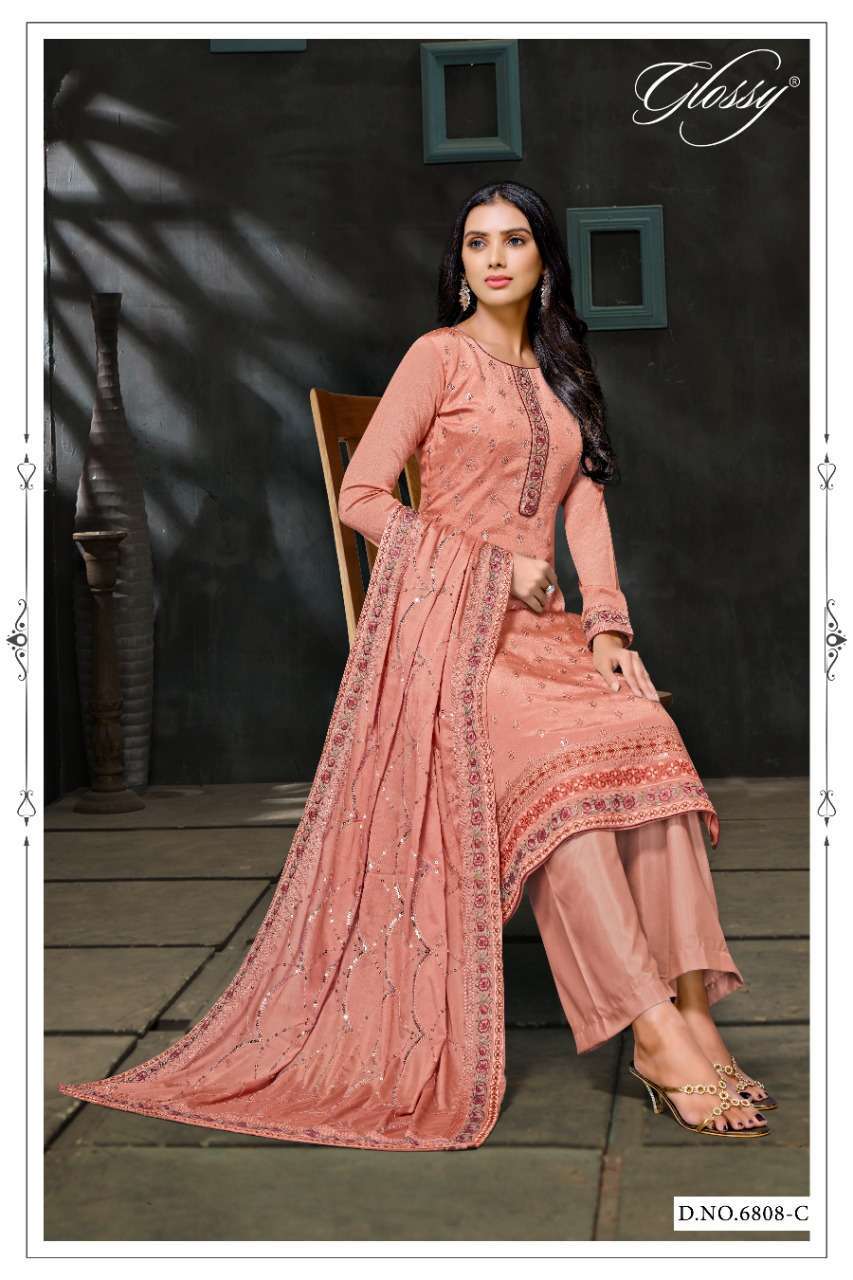 glossy 6808 pure chinon embroidery work with sequence suit 