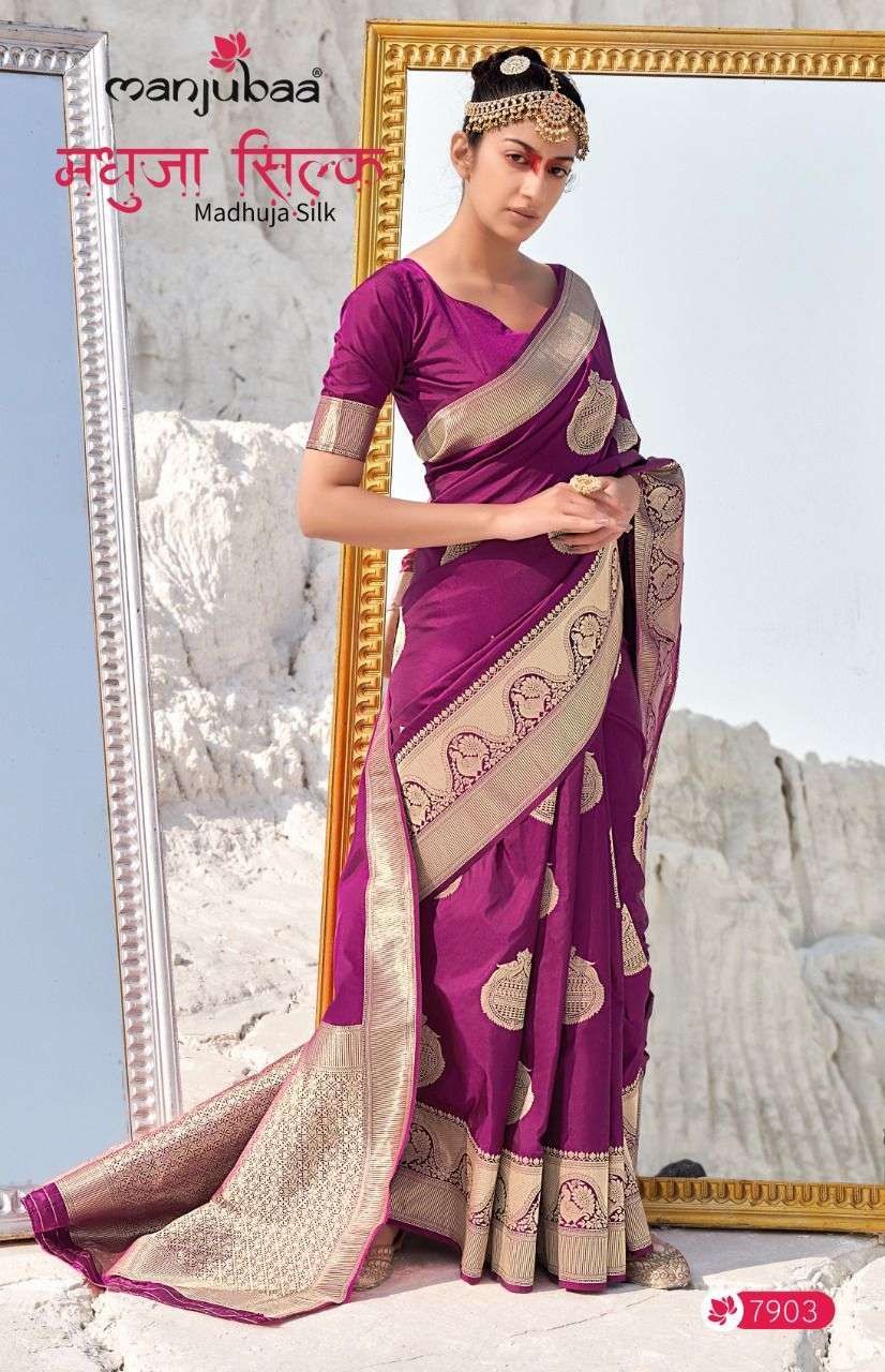 manjubaa madhuja silk series 7901-7910 banarasi soft silk saree