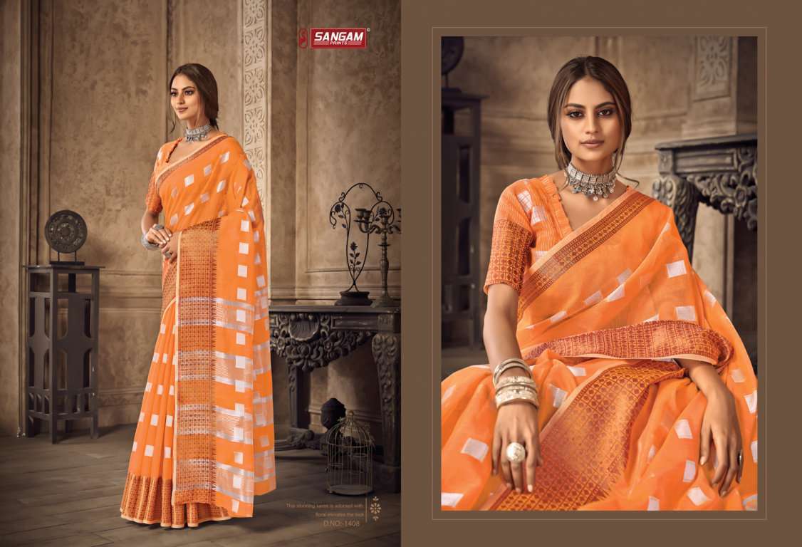 sangam prints aafreen series 1403-1408 linen thread woven saree