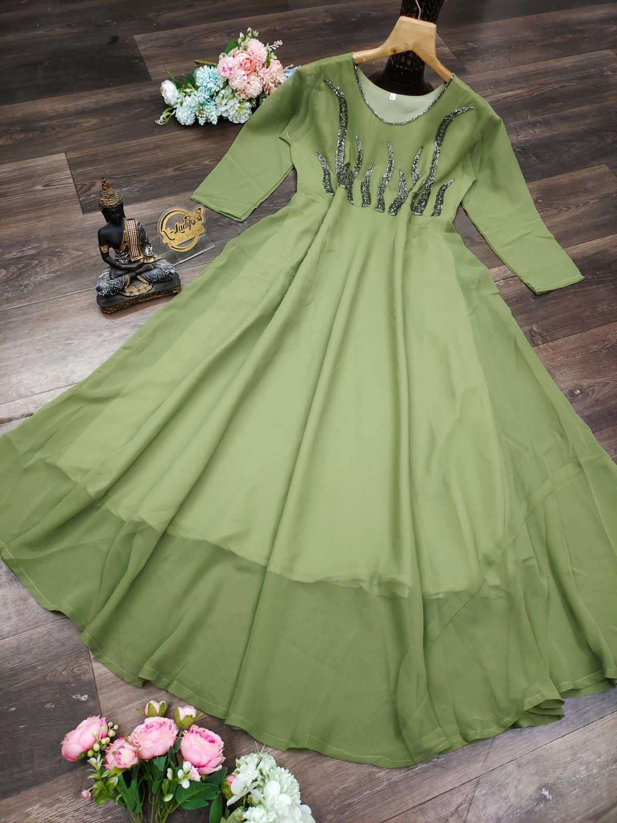 X-LADY GREENES DESIGNER FAUX GEORGETTE HANDWORK MAXI GOWN 