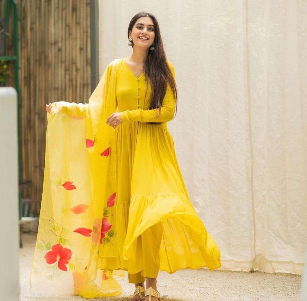 X-LADY YELLOW CAPE DESIGNER GEORGETTE SUIT 