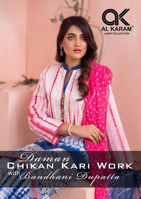 Al Karam Daman Chikan Kari Work With Bandhani Dupatta series 01-04 cambric cotton suit 