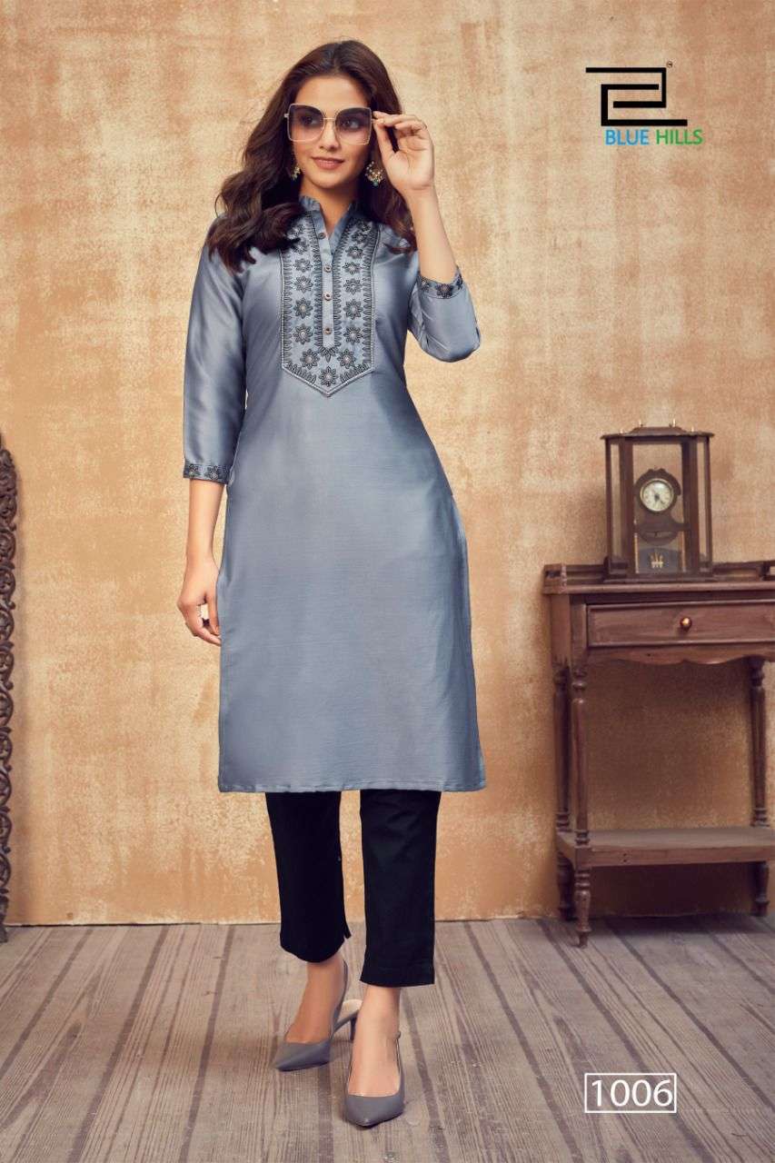 BLUE HILLS BLOSSOM DESIGNER COTTON SATIN KURTI 