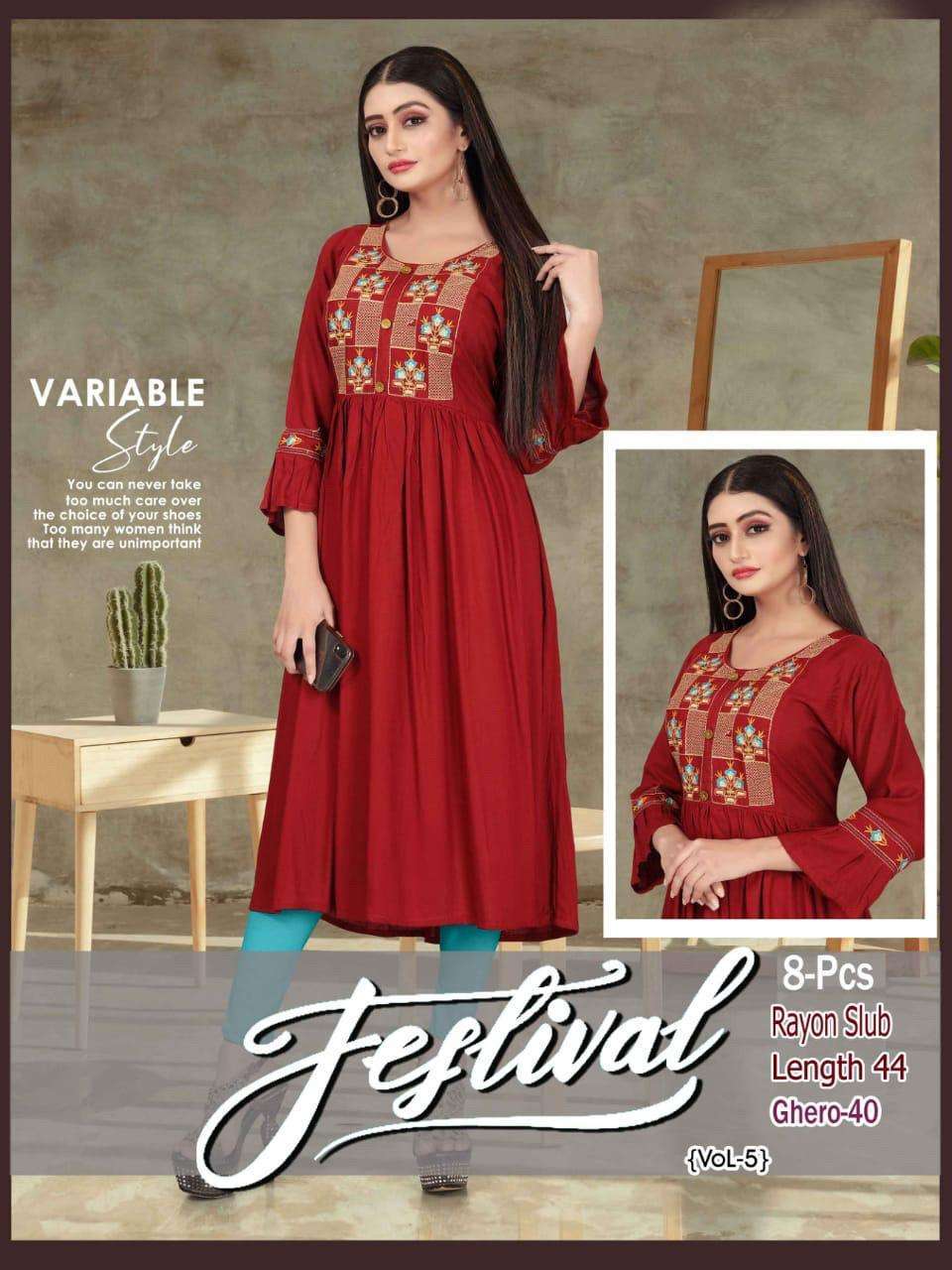 festival vol 5 series 001-008 heavy rayon embroidery kurti 