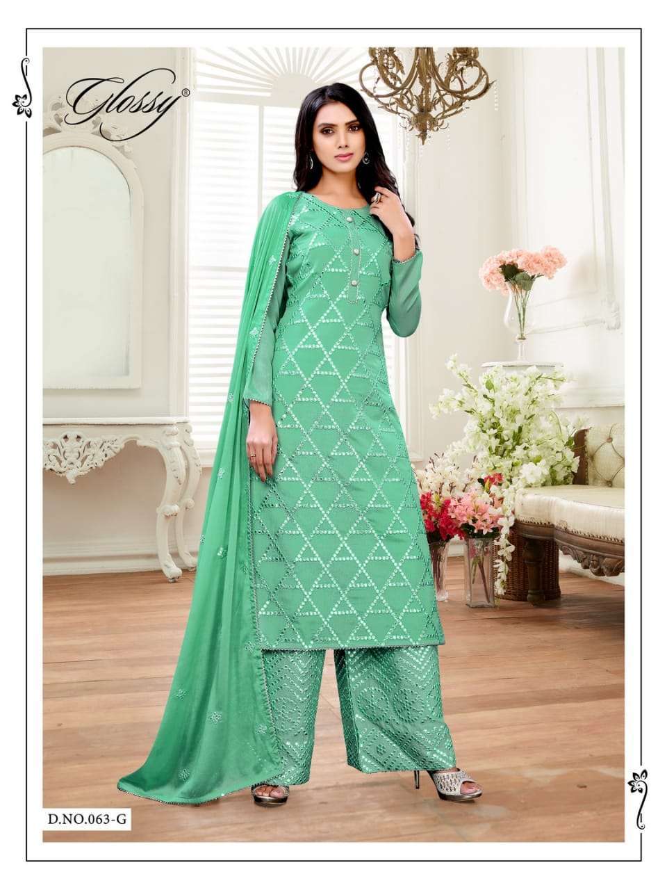 glossy tara 063 chinon mirror embroidery work suit 