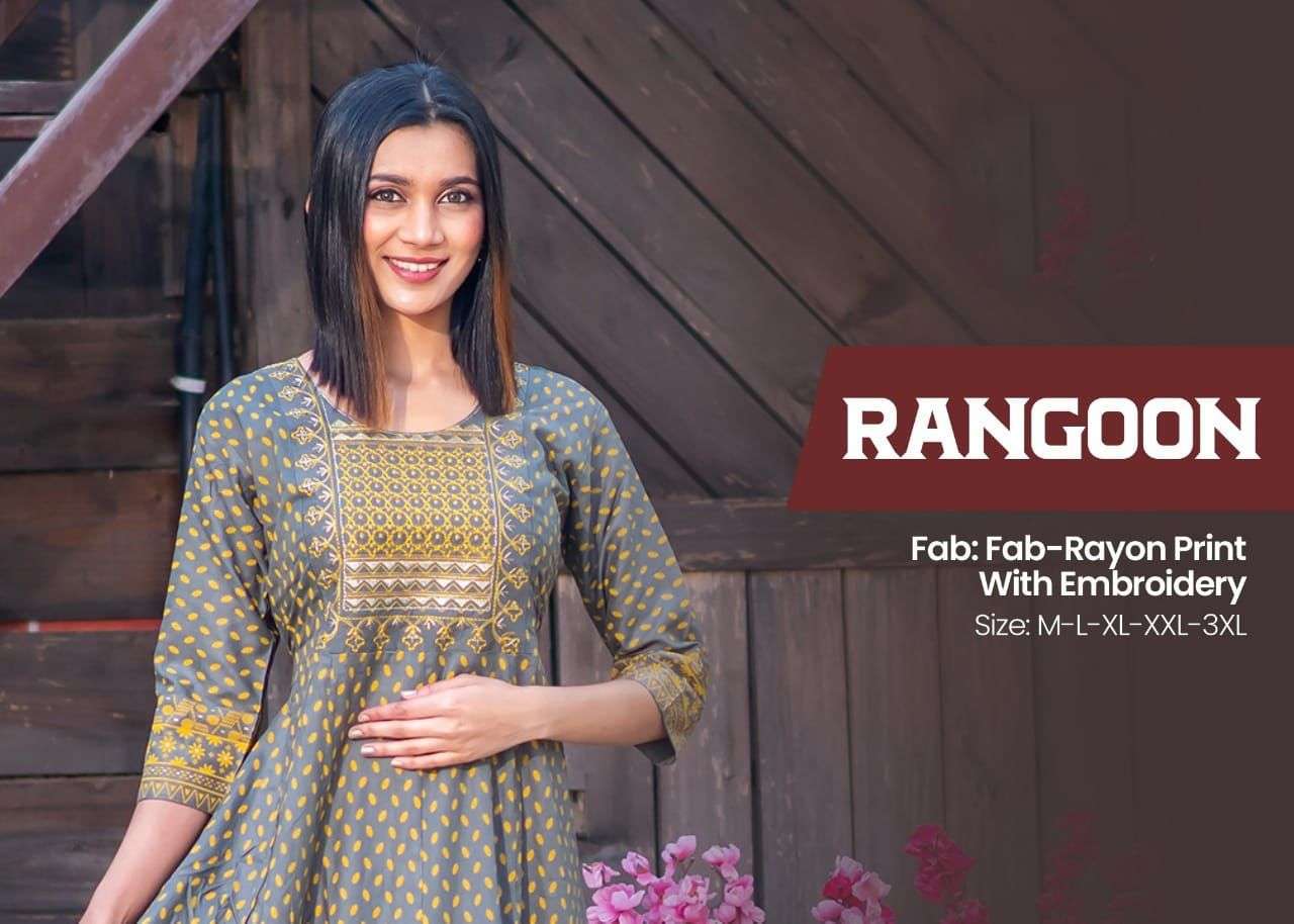 rangoon series 101-108 heavy rayon print kurti 