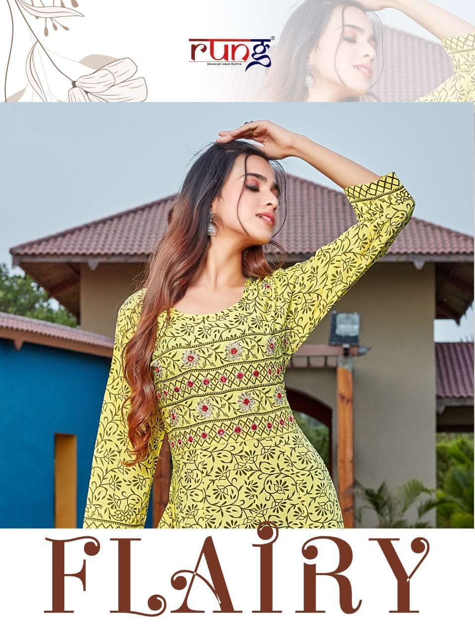 rung flairy series 1001-1008 heavy print rayon kurti 