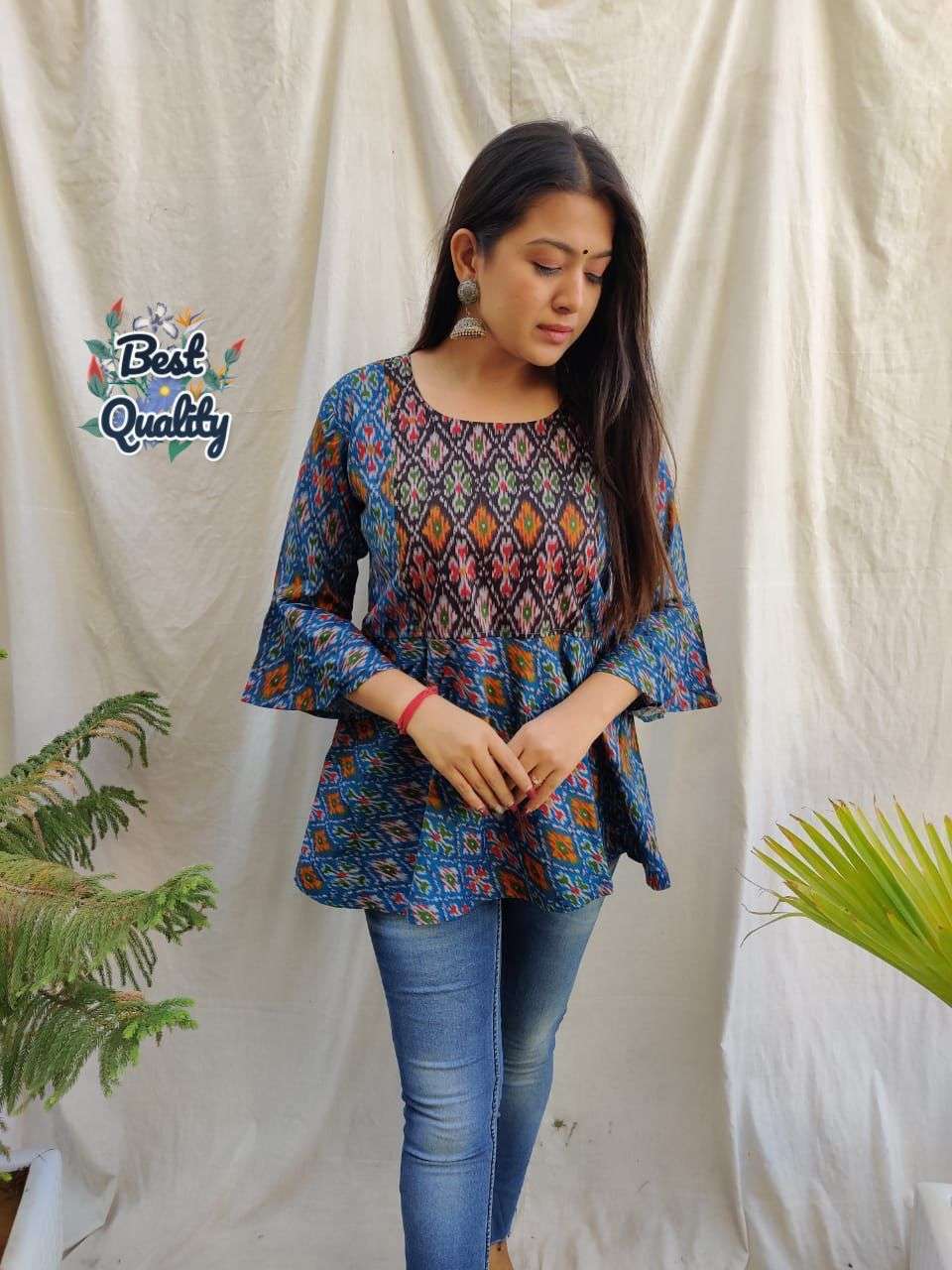 X-LADY DESIGNER IKKAT COTTON PRINT FLAIR TOP 