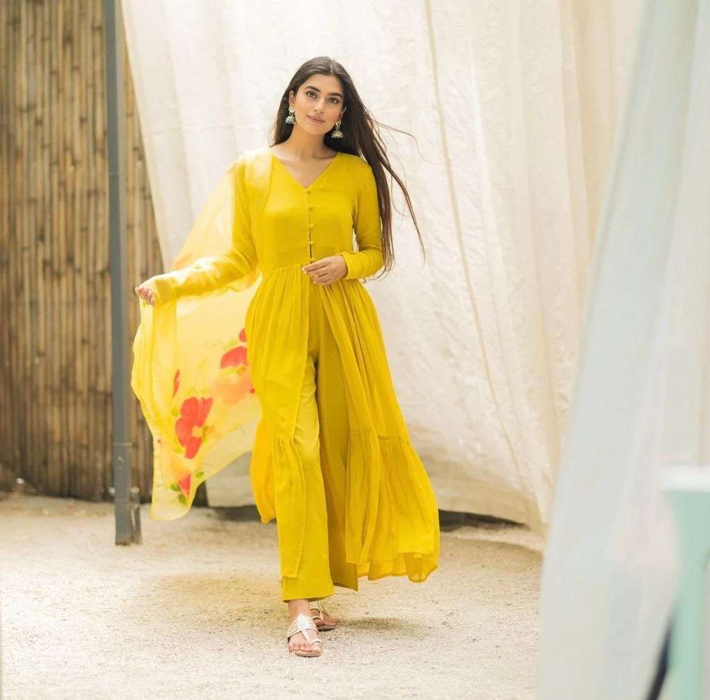 X-LADY YELLOWISH DESIGNER SHEER GEORGETTE SUIT 