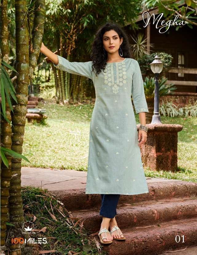 100 miles megha series 01-04 Pure Linen Cotton embroidered work kurti