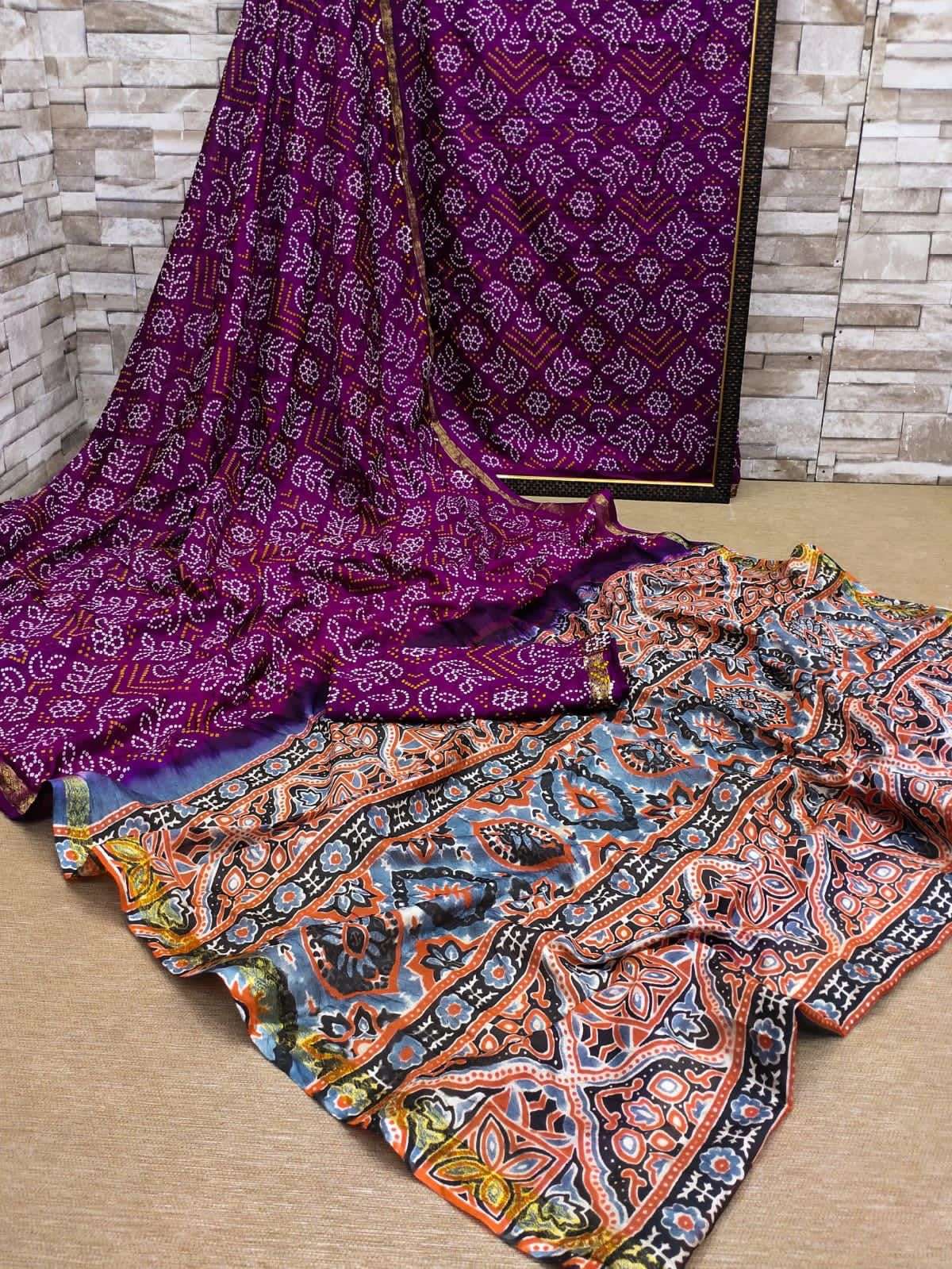 AJRAKH SILK SAREE PURE TAFETA SILK CRAFAEL BANDHEJ SAREE 