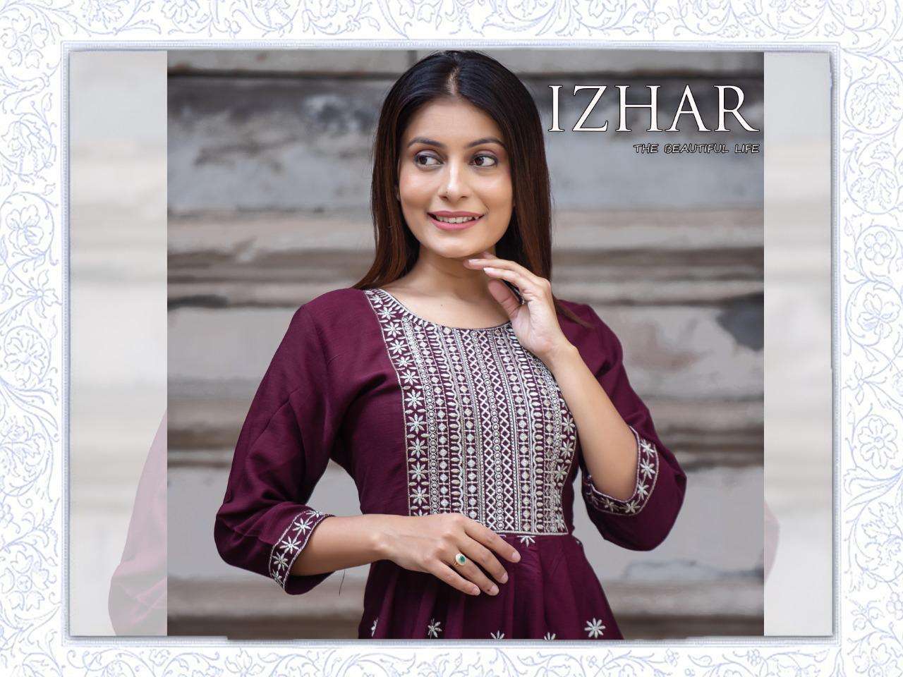 izhar heavy wrinkle rayon embroidery zari work kurti 