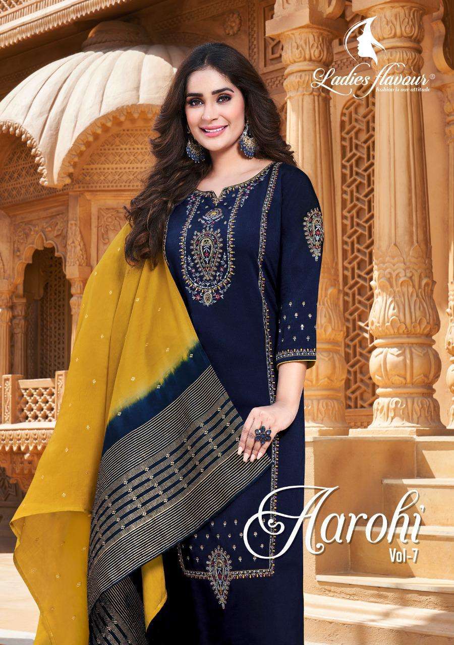 ladies flavour aarohi vol 7 series 1001-1006 heavy chinon readymade suit 