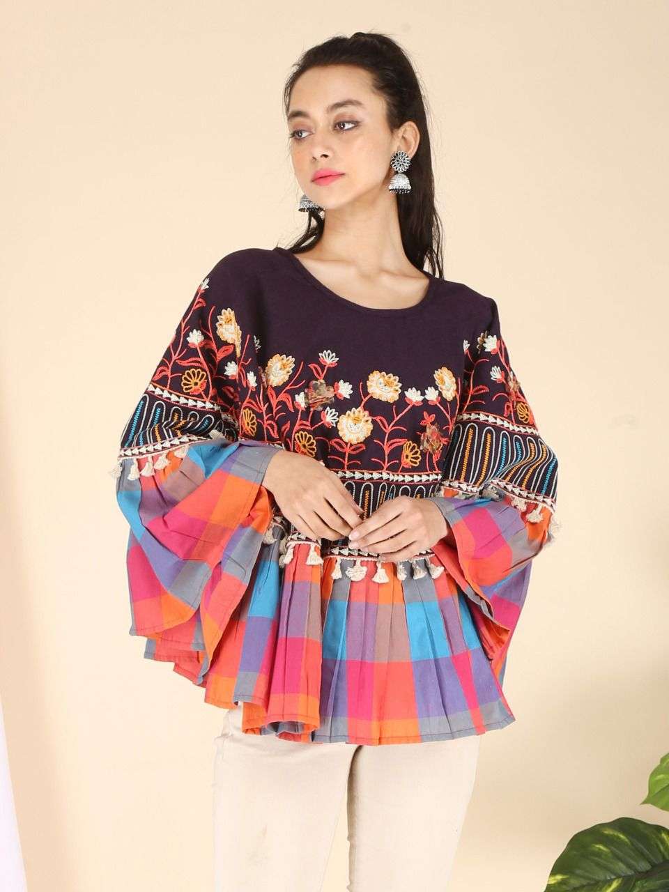 rangeela re circular poncho with minute woolen and jute embroidery