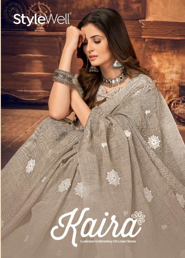stylewell kaira series 551-558 lucknowi embroidery linen saree