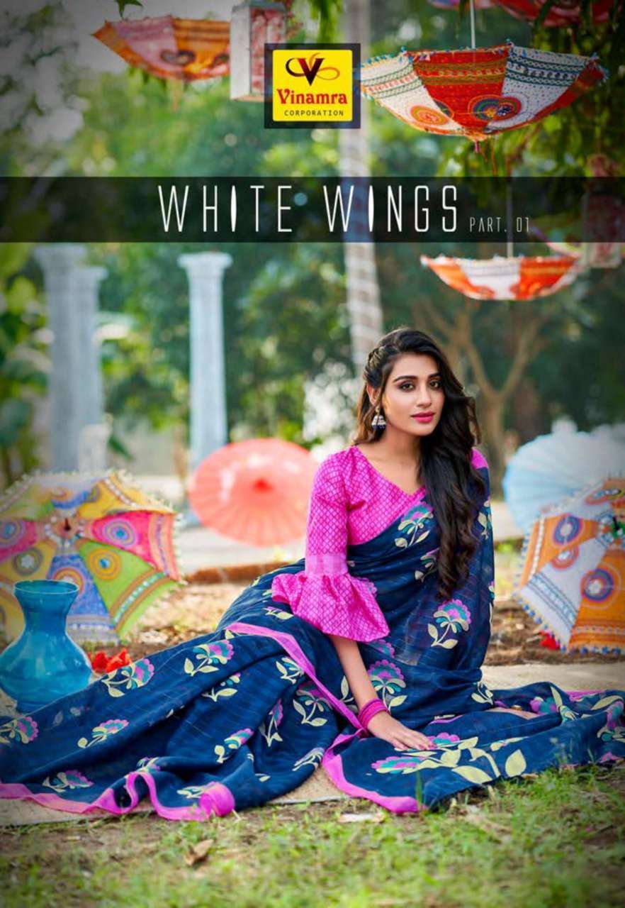 vinamra corporation white wings series 3001-3008 Silver Zari saree