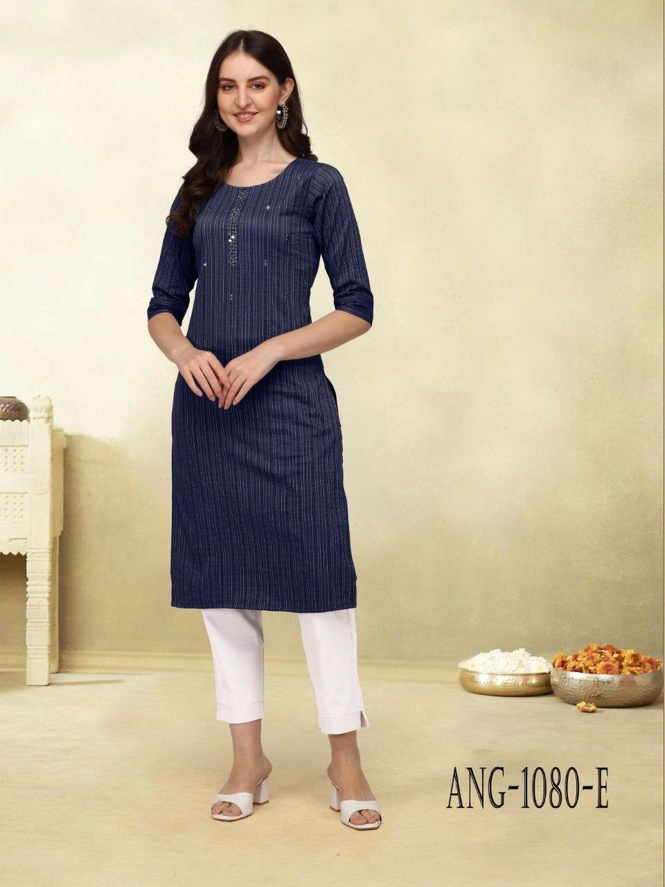 ang 1080 rayon strip with mirror work neck kurti 