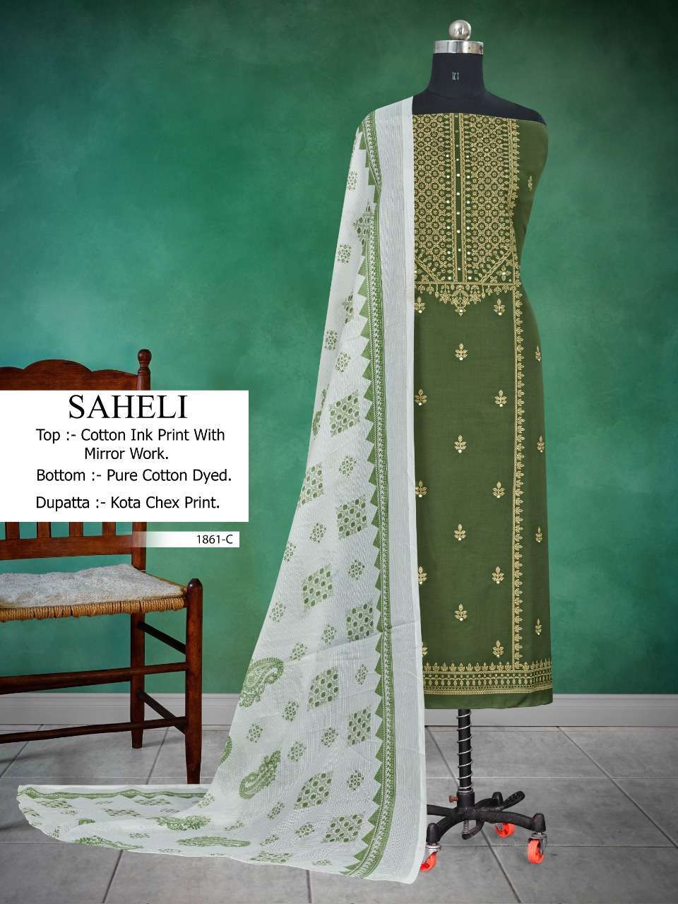 bipson saheli 1861 cotton ink print suit with mirror work 