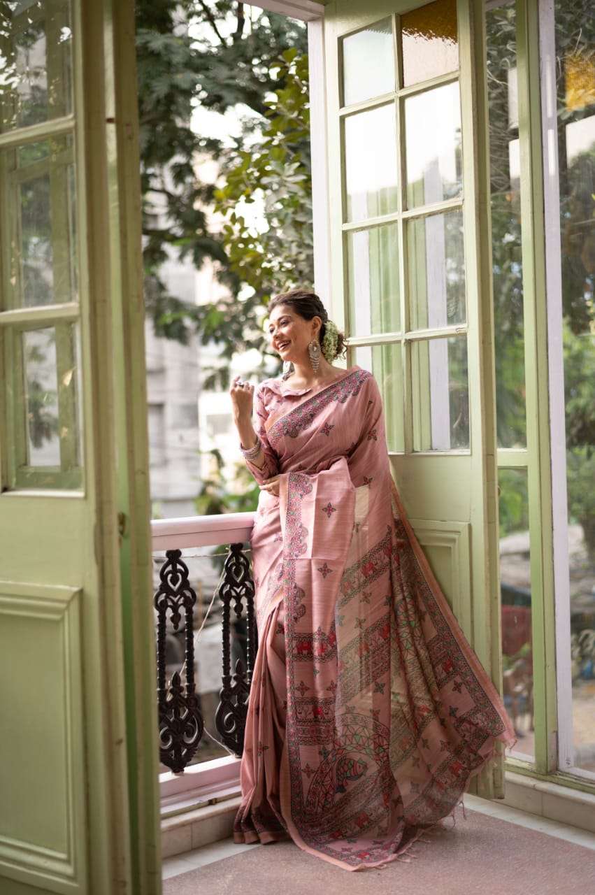 BT-10 DESIGNER TUSSAR SILK SAREE WITH MADHUBHANI PRINT