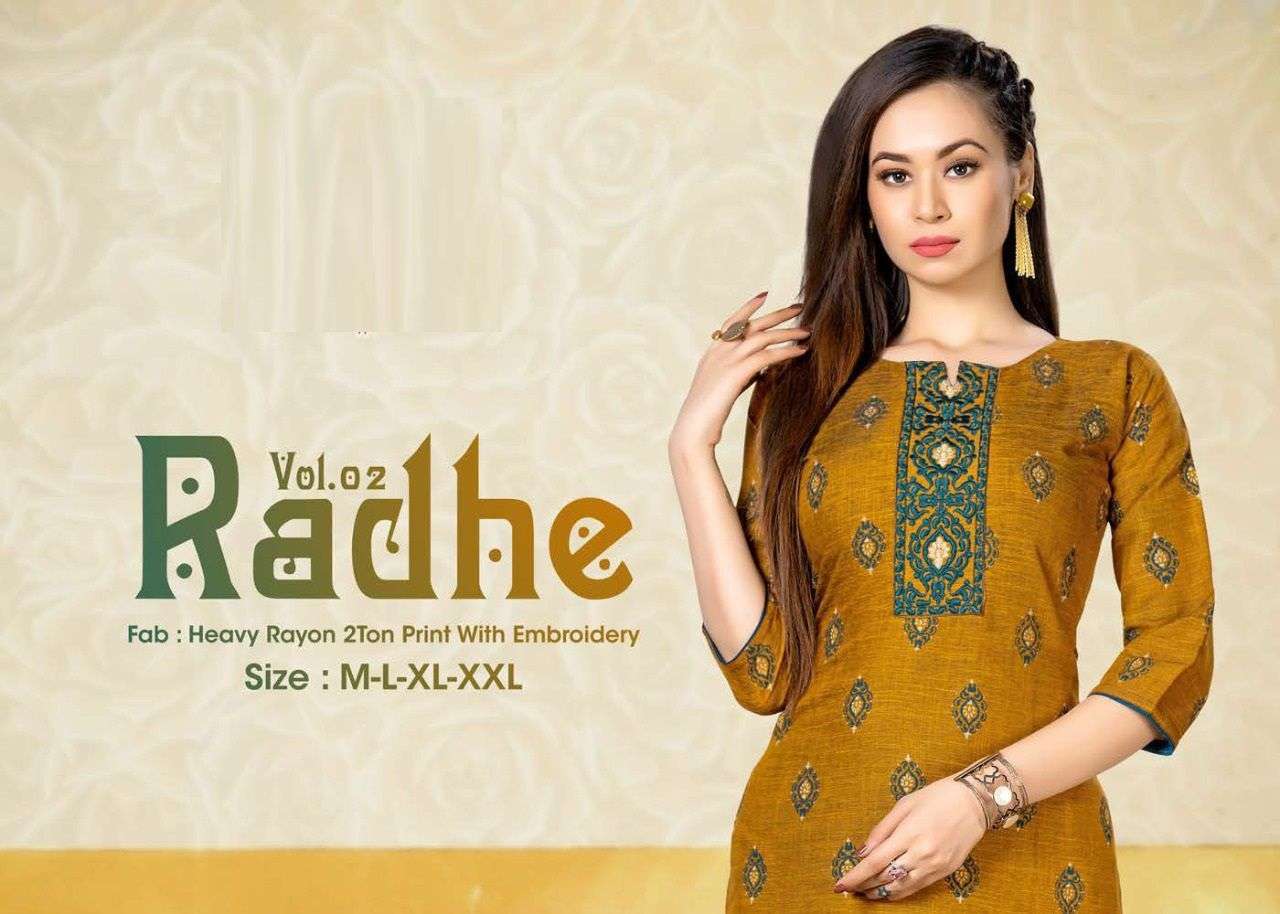 new radhe vol 2 series 201-208 heavy rayon two ton print kurti