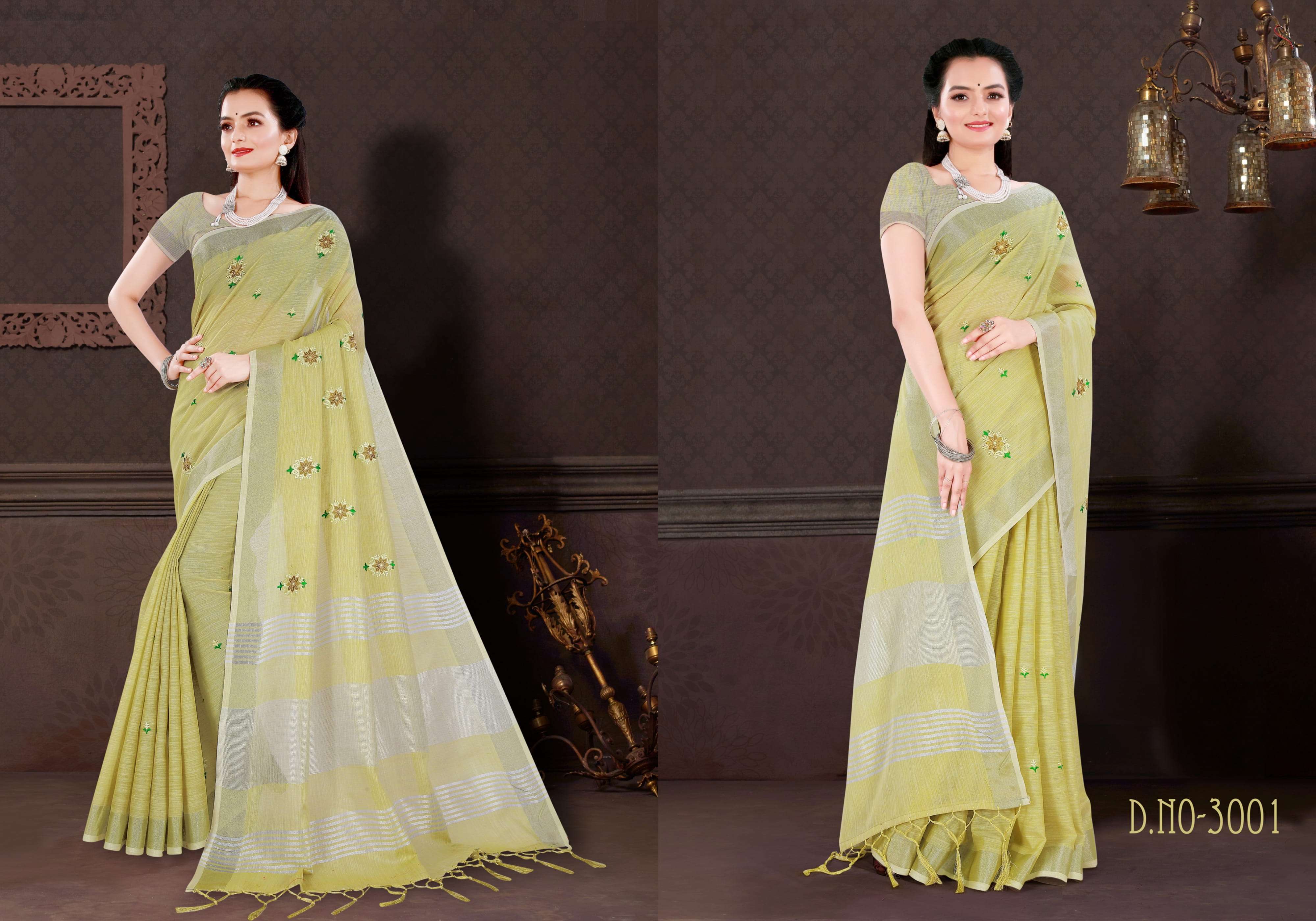 sangam prints swara series 3001-3006 linen embroidery saree