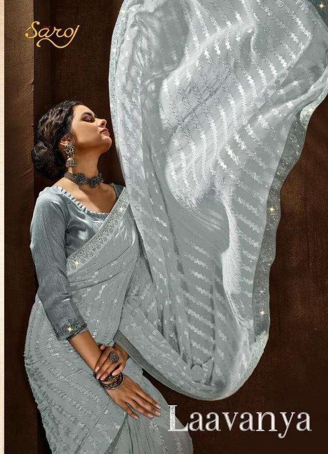 saroj laavanya series 1001-1006 Georgette saree with Silver Jari Brasso butti 