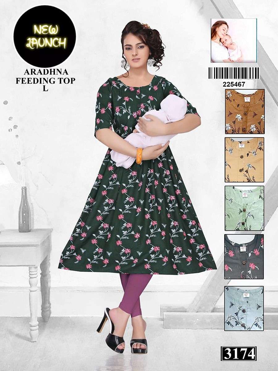 AARDHNA 3174 HEAVY RAYON PRINT GHERA FEEDING TOP KURTI CATALOG WHOLESALER BEST RATE