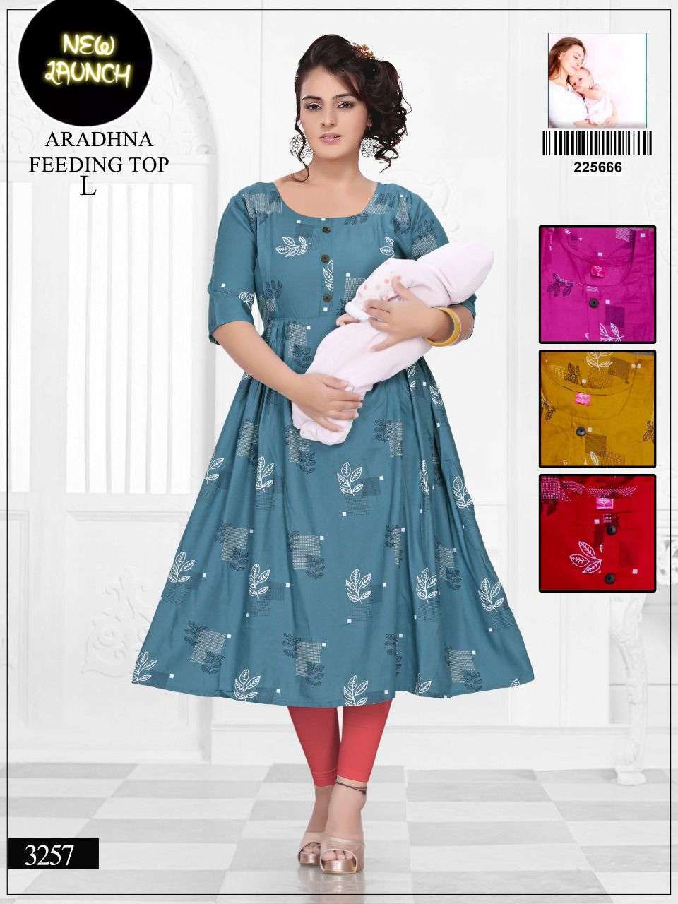 AARDHNA 3257 HEAVY RAYON PRINT GHERA FEEDING TOP KURTI CATALOG WHOLESLA BEAT RATE