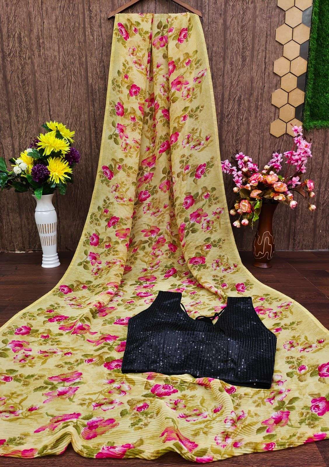 NEW SUPERHIT DESIGN LAUNCHING 60 GRAM GEORGETTE PRINTED CRUSH PLEATED SAREE 