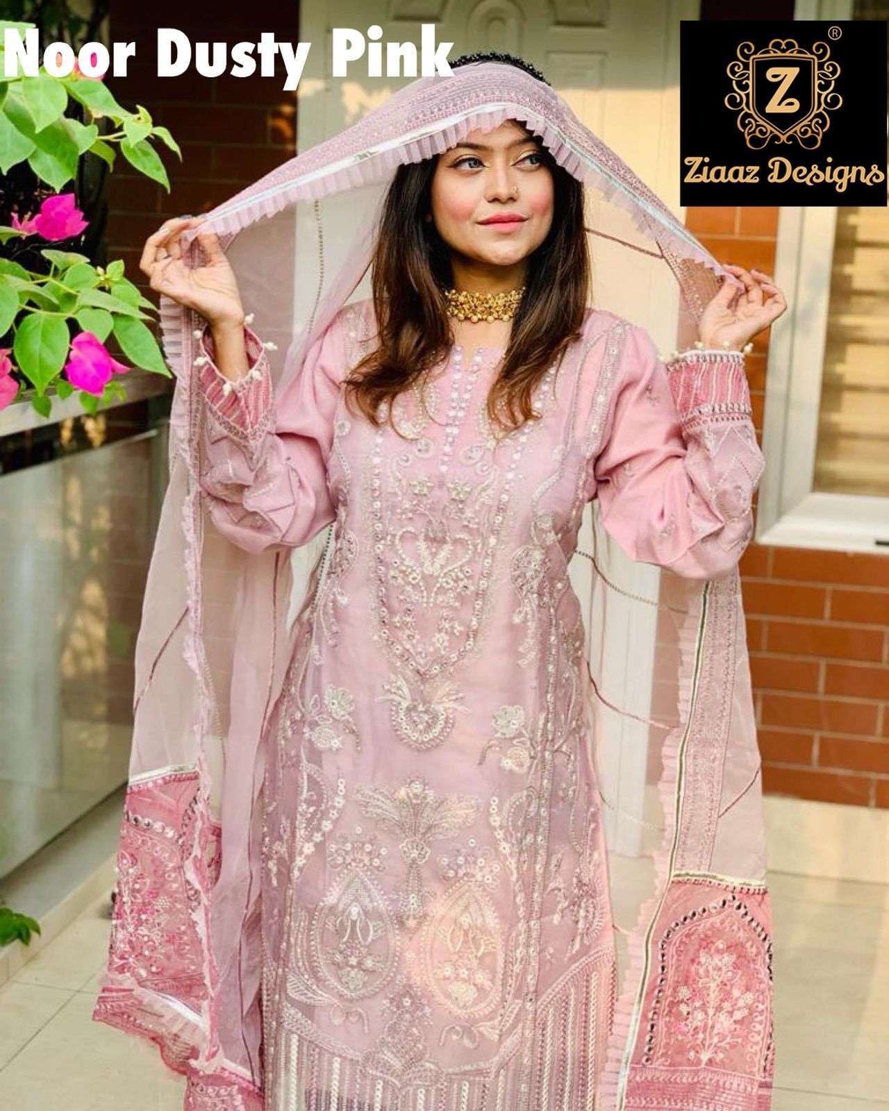ziaaz designs noor dusty pink Organza pearl work suit