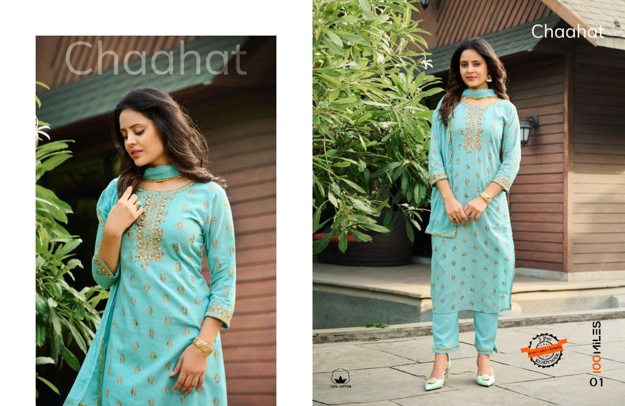 100 miles chaahat series 01-04 pure cotton jacquard readymade suit 