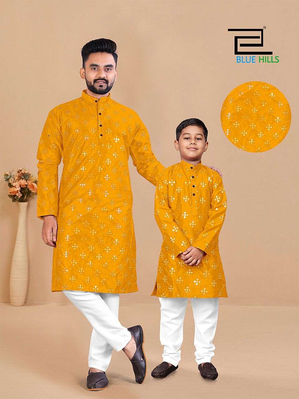 BLUE HILLS FATHER SON PARTYWEAR COMBO DESIGNER HEAVY BANGLORI SILK KURTI