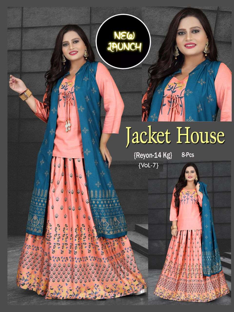 new jacket house vol 7 series 01-08 14 kg rayon sharara kurti