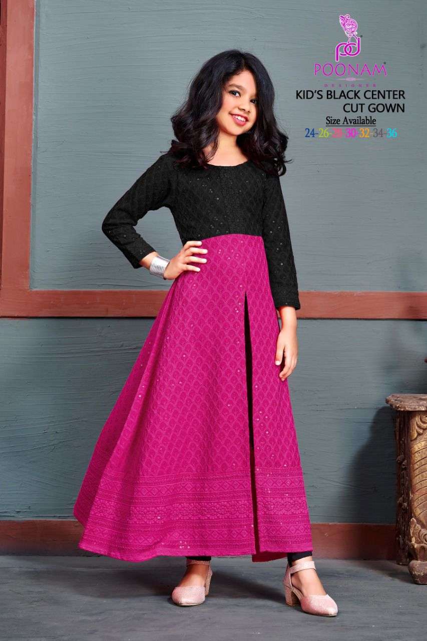 poonam kids black center cut gown series 1001-1008 pure chikan gown