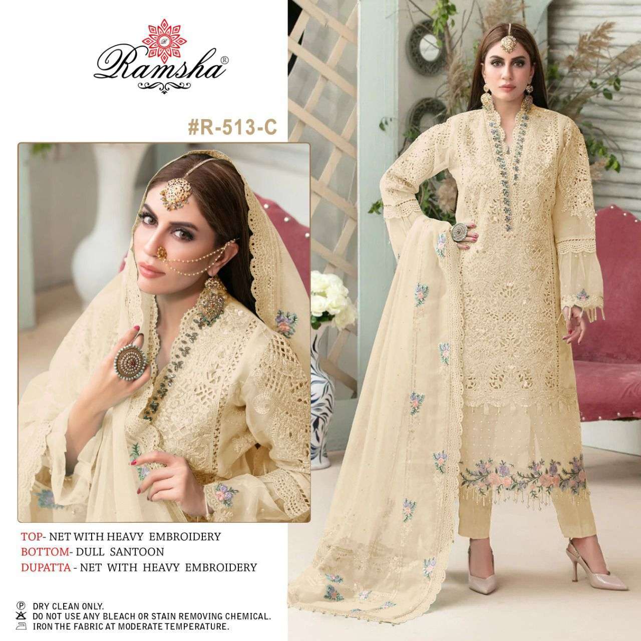 ramsha r-513 nx net with embroidery suit 