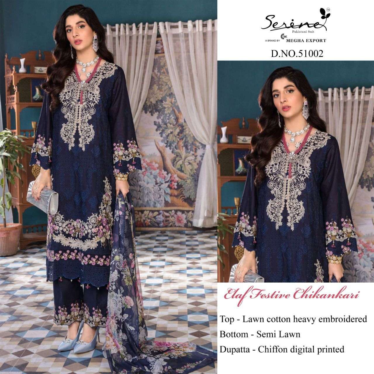 serene elaf festive chickenkari series 51001-51005 lawn cotton suit
