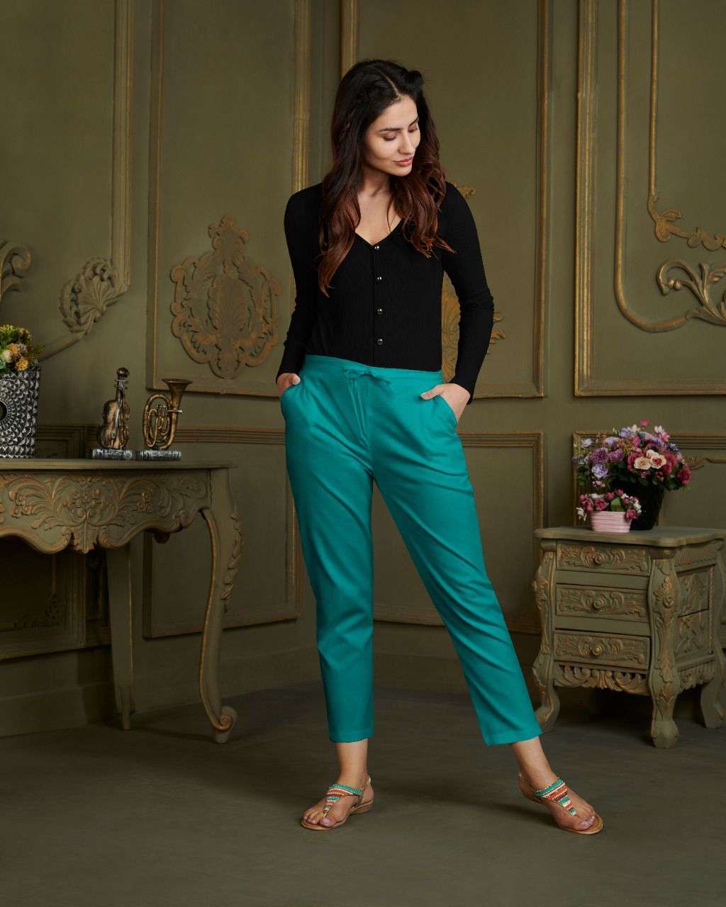 suryajyoti larqi stretch pants cotton multi colors bottom pants for women